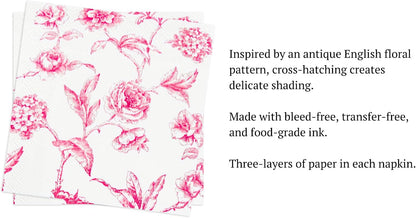Stxy's 3-PLY Pink Floral Napkins (60ct) (Smudge Free & Food Grade Ink) Toile Pink and White Floral Cocktail Napkins Flower Cocktail Napkin for girls baby shower, Decoupage, girly birthday party decor