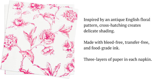 Stxy's 3-PLY Pink Floral Napkins (60ct) (Smudge Free & Food Grade Ink) Toile Pink and White Floral Cocktail Napkins Flower Cocktail Napkin for girls baby shower, Decoupage, girly birthday party decor