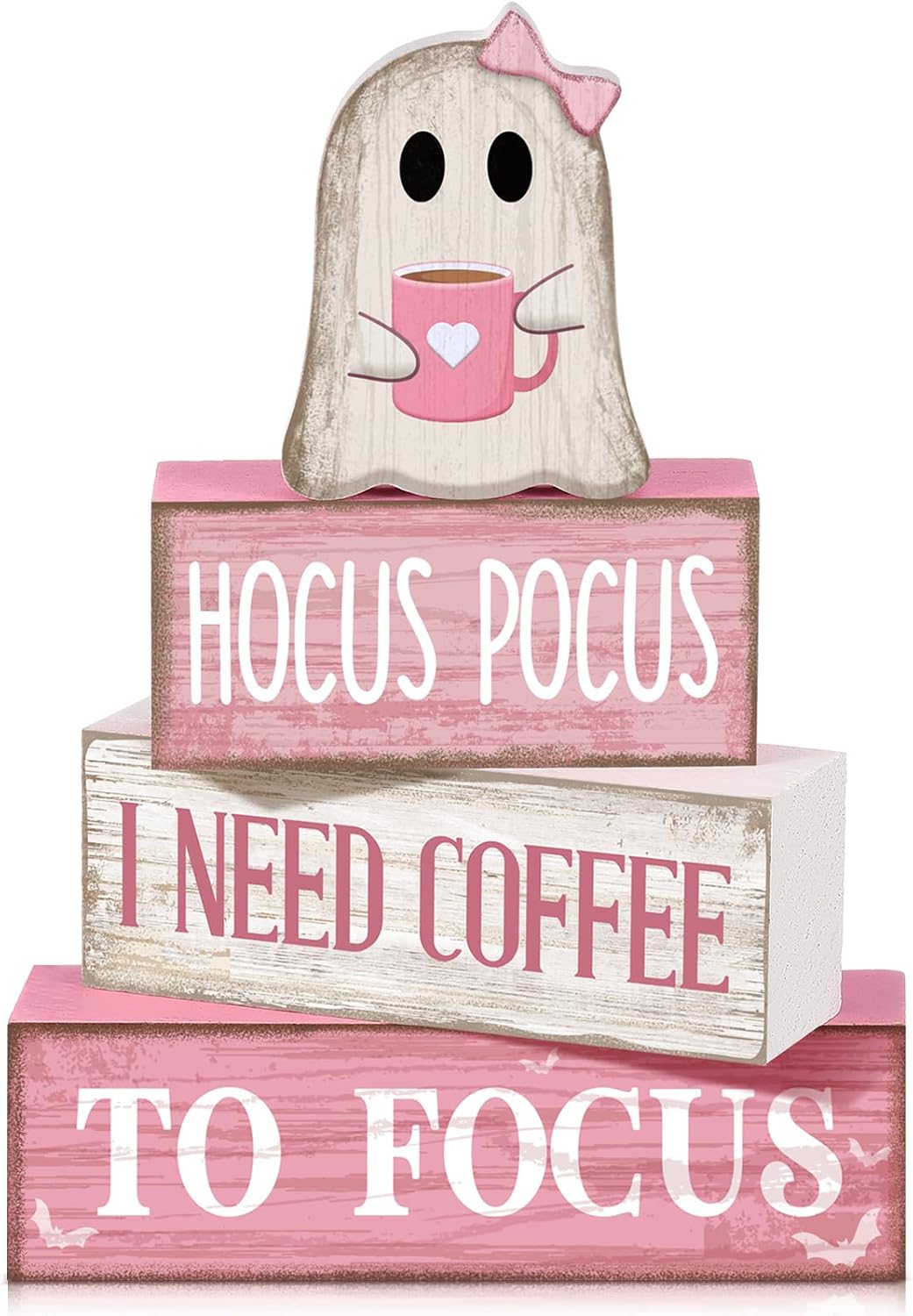 4 Pcs Pink Halloween Table Decor Ghost Wooden Stacked Block Decor