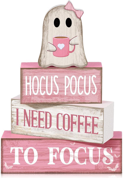 4 Pcs Pink Halloween Table Decor Ghost Wooden Stacked Block Decor