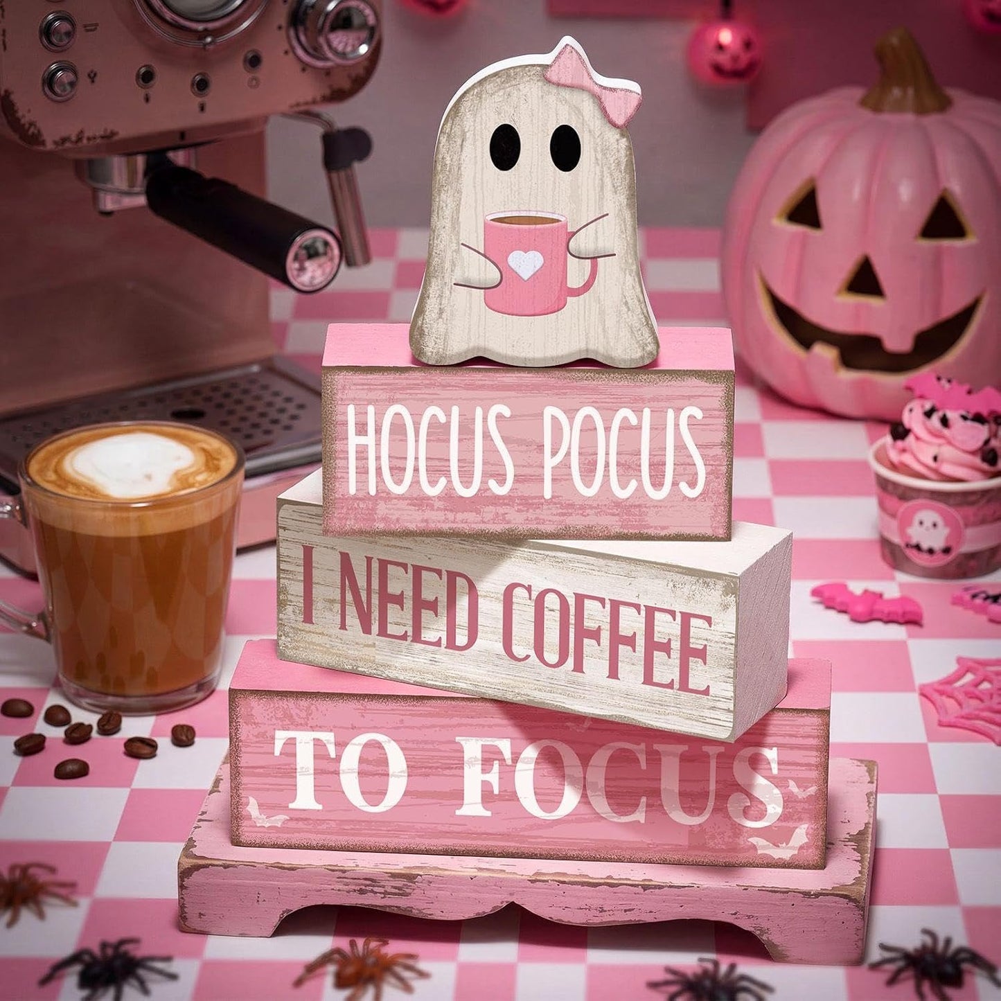 4 Pcs Pink Halloween Table Decor Ghost Wooden Stacked Block Decor
