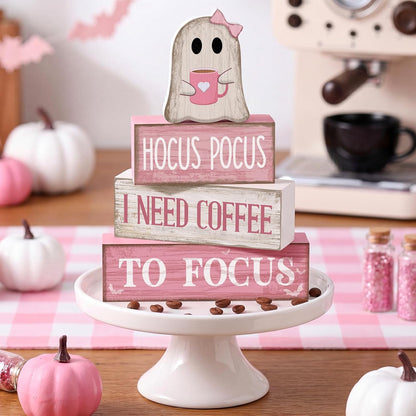 4 Pcs Pink Halloween Table Decor Ghost Wooden Stacked Block Decor