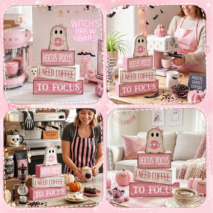 4 Pcs Pink Halloween Table Decor Ghost Wooden Stacked Block Decor