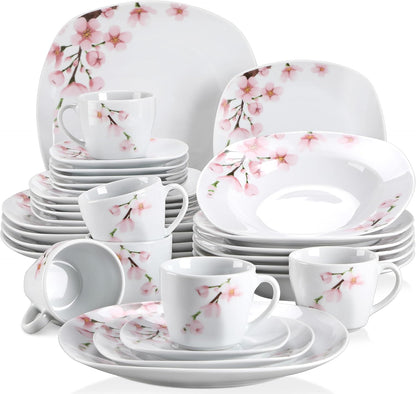 30 PCS Ceramic Dinnerware Sets for 6, Pink Floral Dish Set, ANNIE