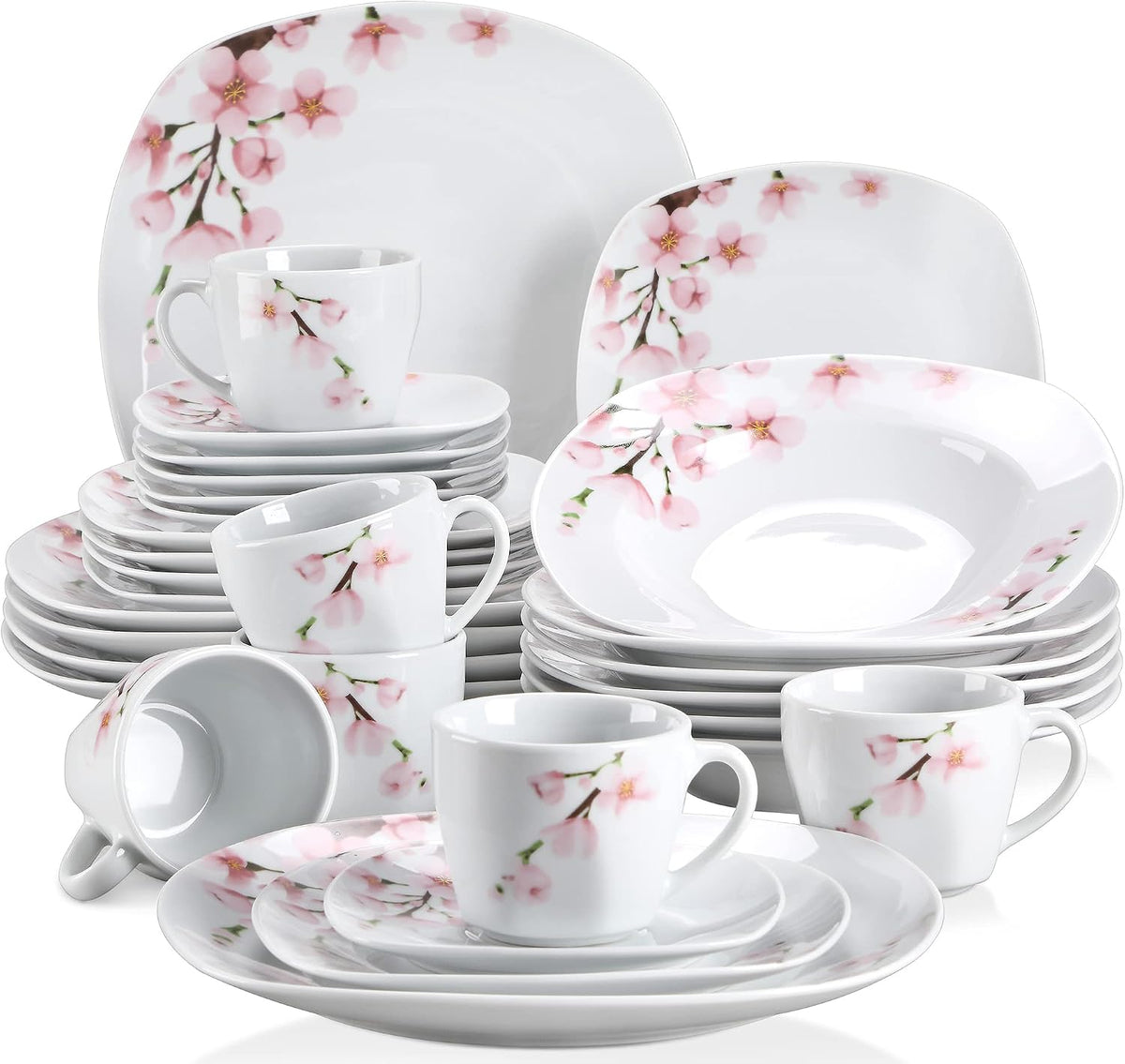 30 PCS Ceramic Dinnerware Sets for 6, Pink Floral Dish Set, ANNIE