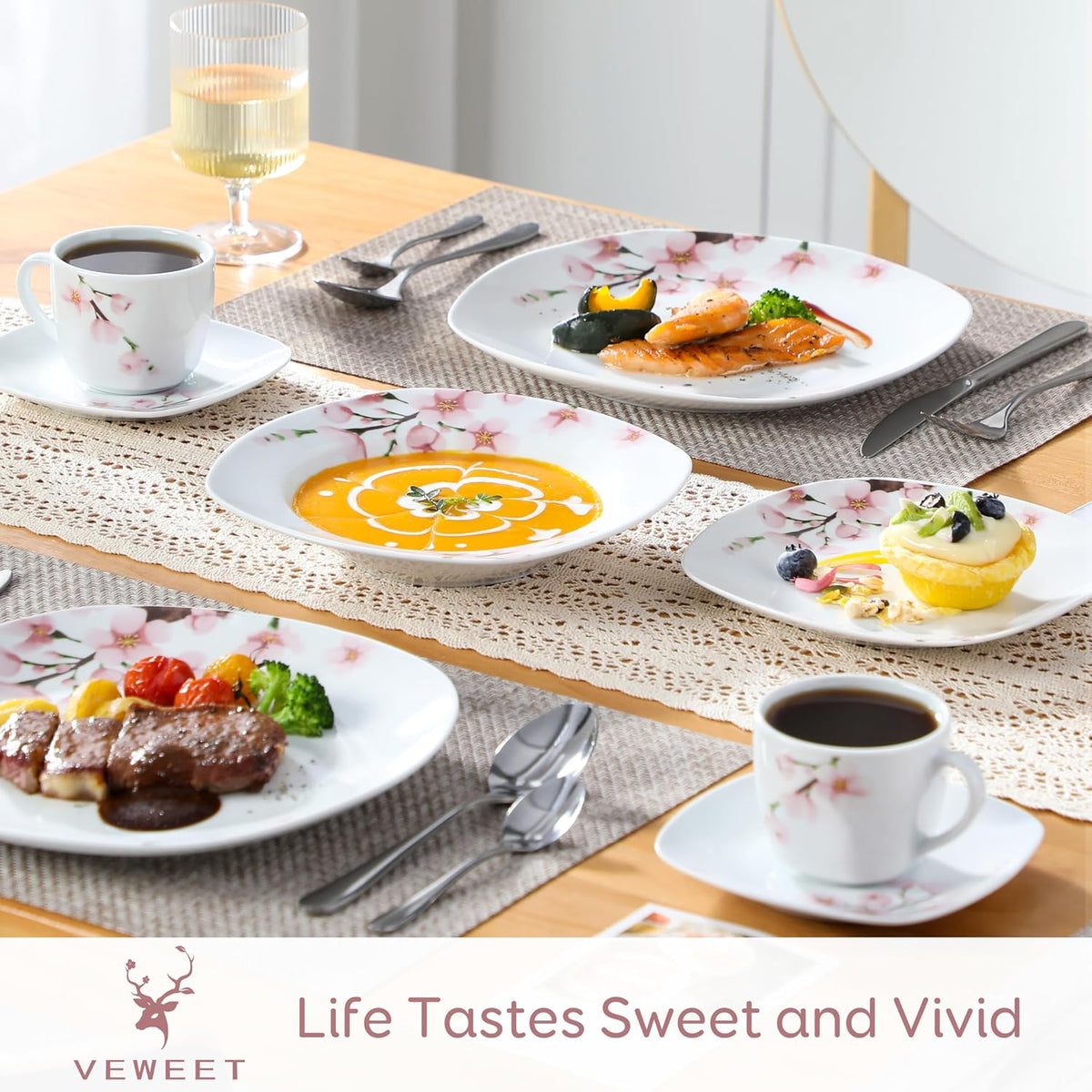 30 PCS Ceramic Dinnerware Sets for 6, Pink Floral Dish Set, ANNIE