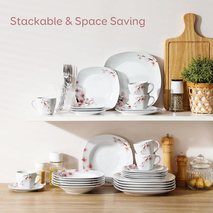 30 PCS Ceramic Dinnerware Sets for 6, Pink Floral Dish Set, ANNIE