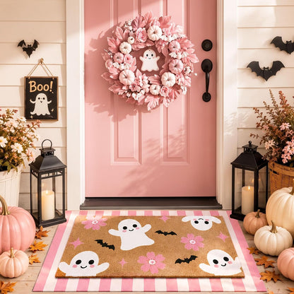 2 Pcs Pink Halloween Layered Door Mat, Ghost Checkered Rug