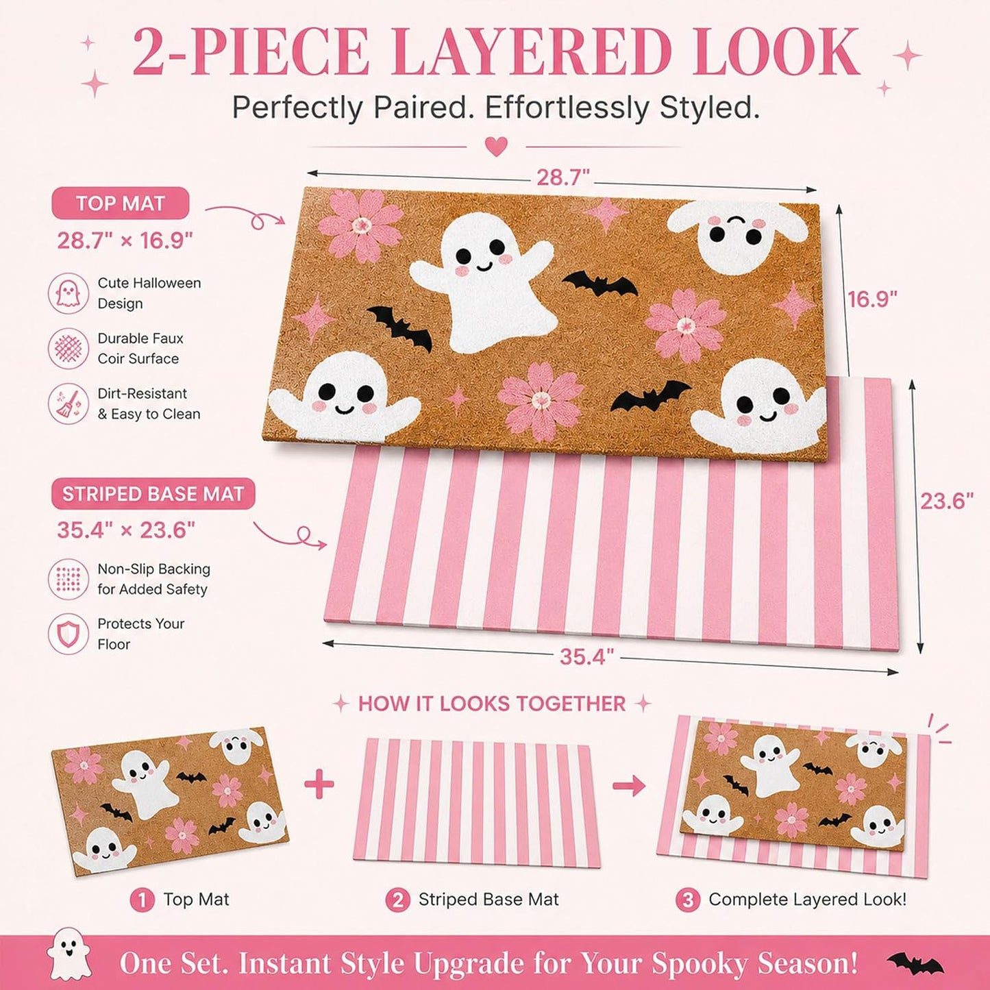 2 Pcs Pink Halloween Layered Door Mat, Ghost Checkered Rug
