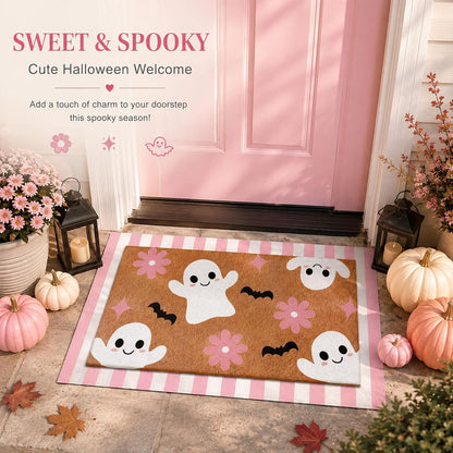 2 Pcs Pink Halloween Layered Door Mat, Ghost Checkered Rug