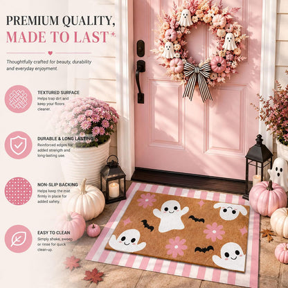 2 Pcs Pink Halloween Layered Door Mat, Ghost Checkered Rug