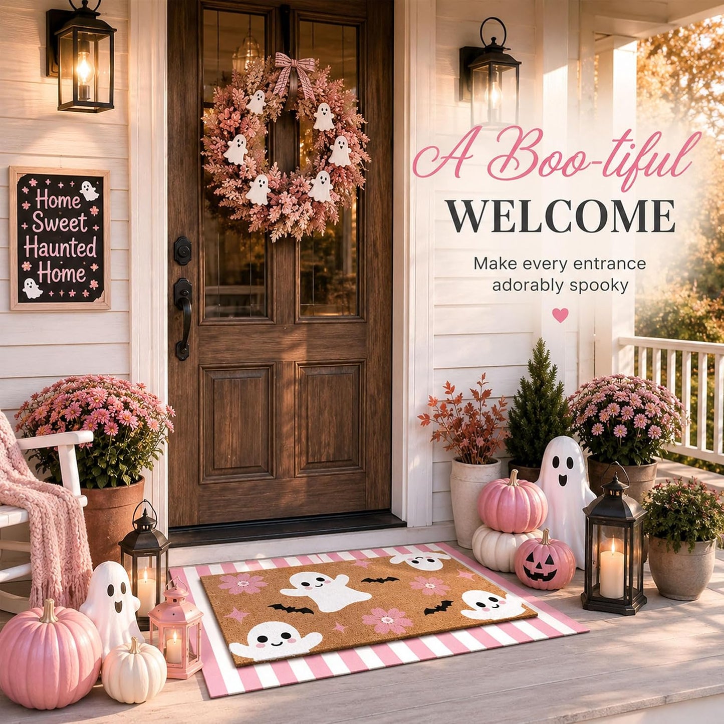2 Pcs Pink Halloween Layered Door Mat, Ghost Checkered Rug