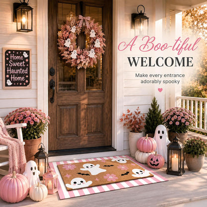 2 Pcs Pink Halloween Layered Door Mat, Ghost Checkered Rug