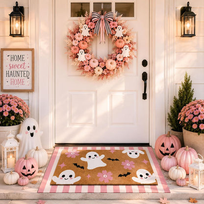 2 Pcs Pink Halloween Layered Door Mat, Ghost Checkered Rug