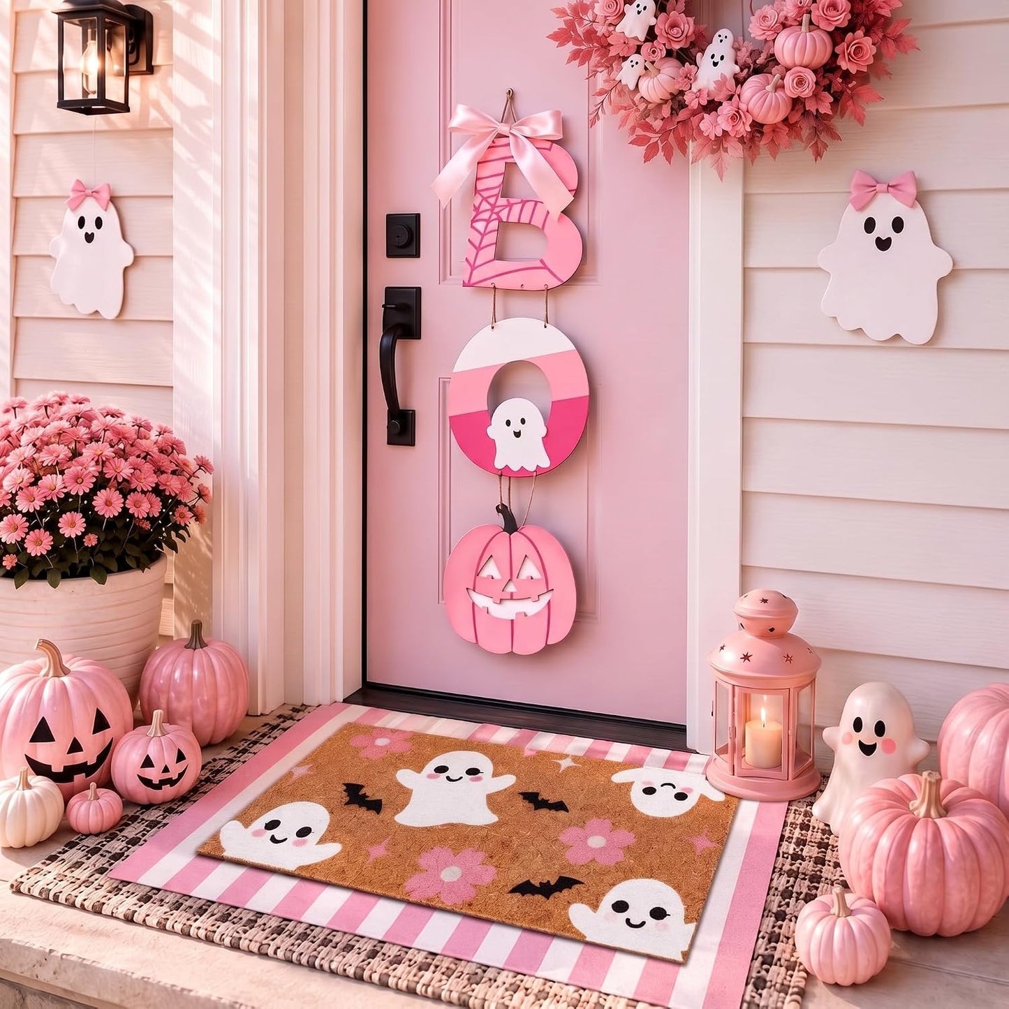 2 Pcs Pink Halloween Layered Door Mat, Ghost Checkered Rug