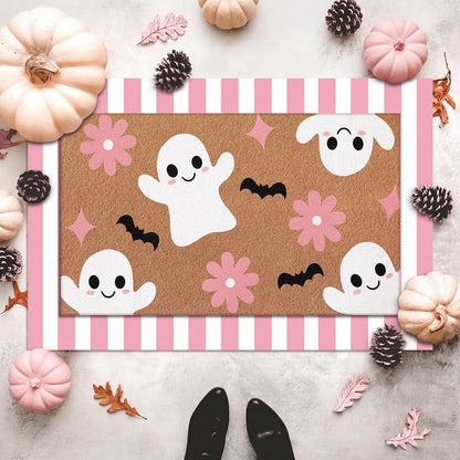 2 Pcs Pink Halloween Layered Door Mat, Ghost Checkered Rug