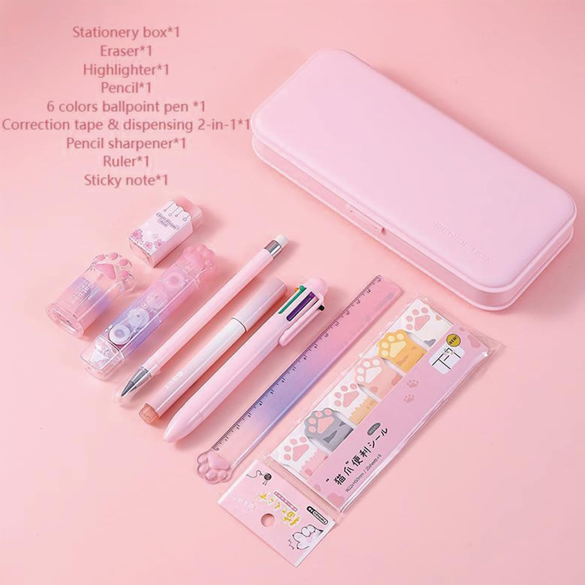 9 Pcs Cute Pink Stationery Set for Girls Boys Kids Women Back to School Supplies Office Supplies Cartoon Cat Paw Stationery Set Aesthetic Kawaii Stationery Gift (Pink)