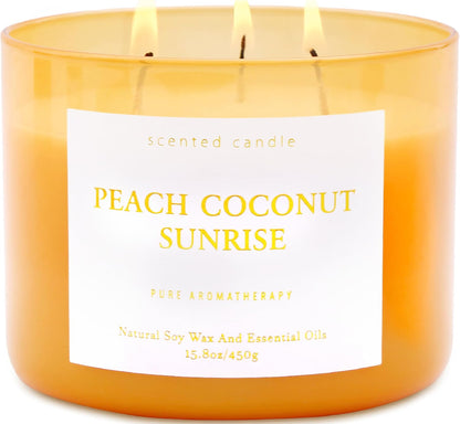 Peach Coconut Sunrise Large 3-Wick Soy Scented Candle for Home, 15.8 oz