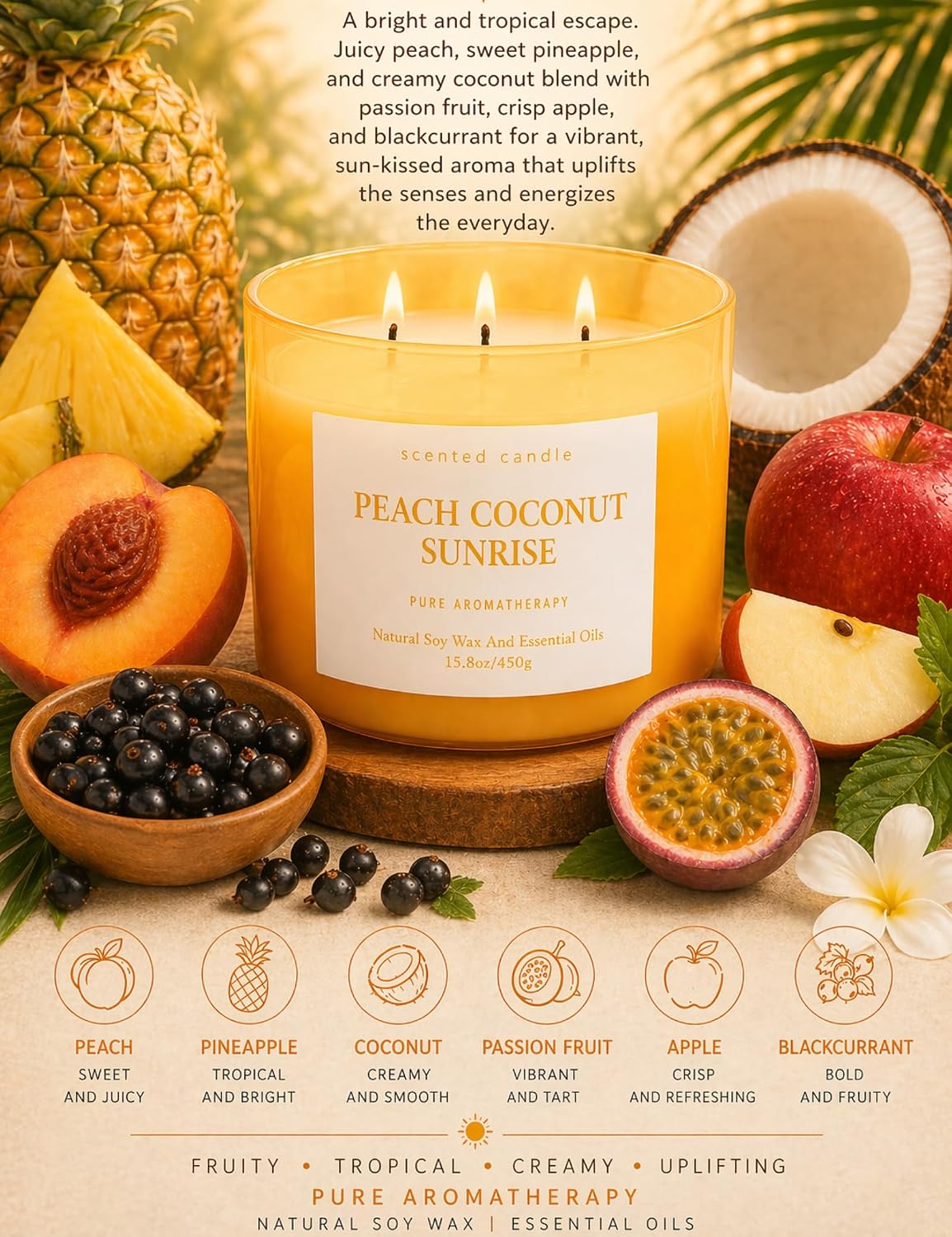 Peach Coconut Sunrise Large 3-Wick Soy Scented Candle for Home, 15.8 oz