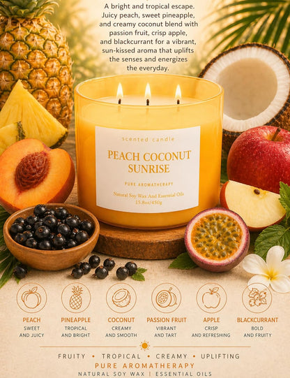 Peach Coconut Sunrise Large 3-Wick Soy Scented Candle for Home, 15.8 oz