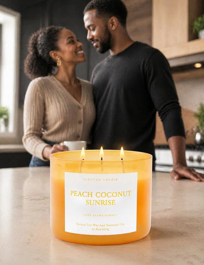 Peach Coconut Sunrise Large 3-Wick Soy Scented Candle for Home, 15.8 oz