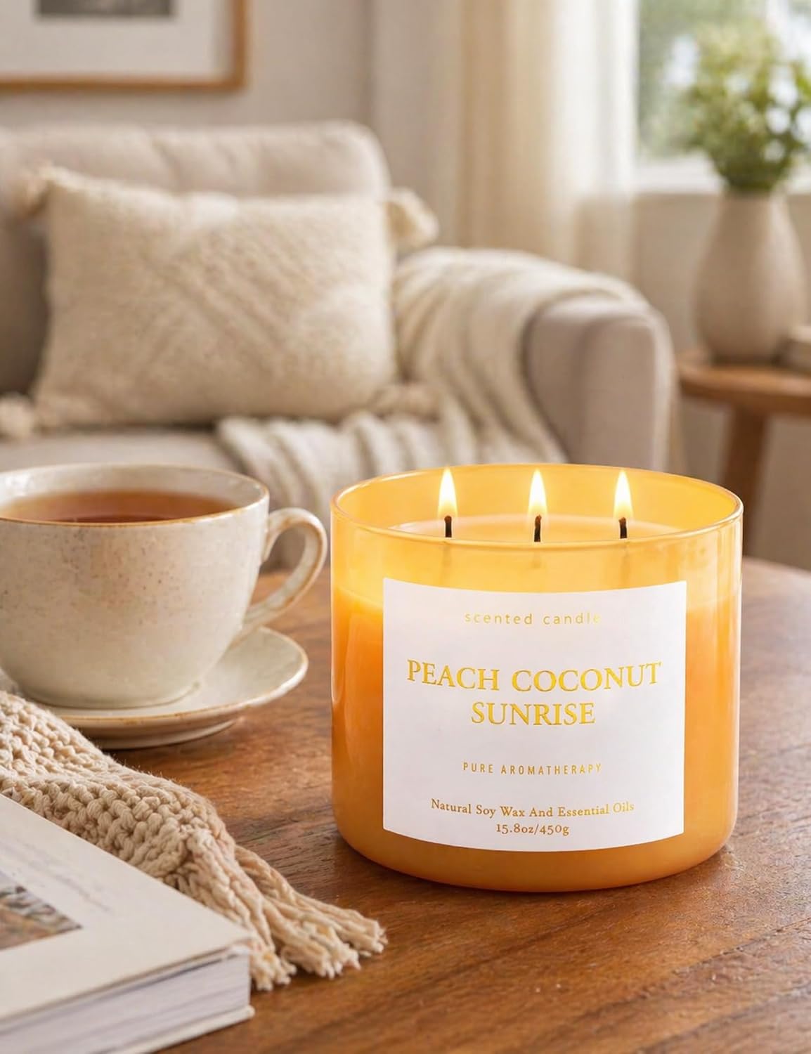 Peach Coconut Sunrise Large 3-Wick Soy Scented Candle for Home, 15.8 oz