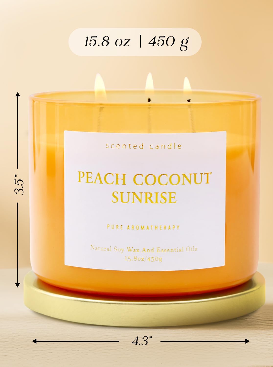 Peach Coconut Sunrise Large 3-Wick Soy Scented Candle for Home, 15.8 oz