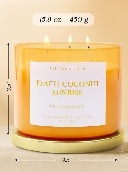 Peach Coconut Sunrise Large 3-Wick Soy Scented Candle for Home, 15.8 oz