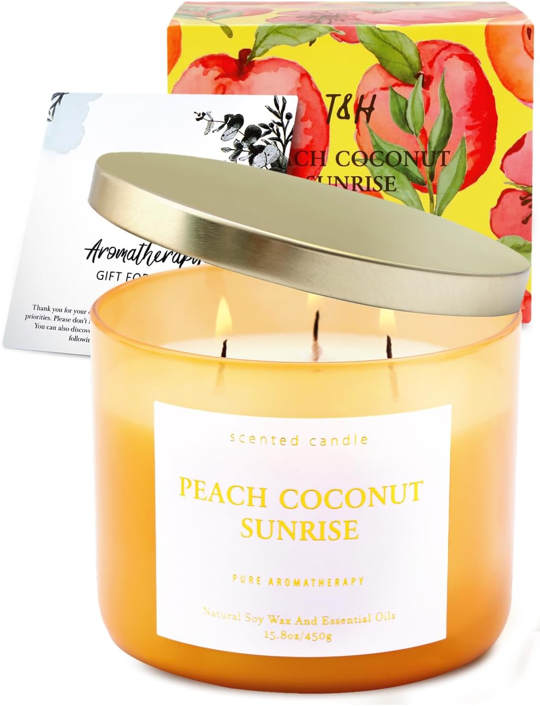 Peach Coconut Sunrise Large 3-Wick Soy Scented Candle for Home, 15.8 oz