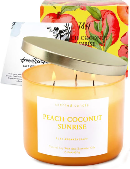 Peach Coconut Sunrise Large 3-Wick Soy Scented Candle for Home, 15.8 oz