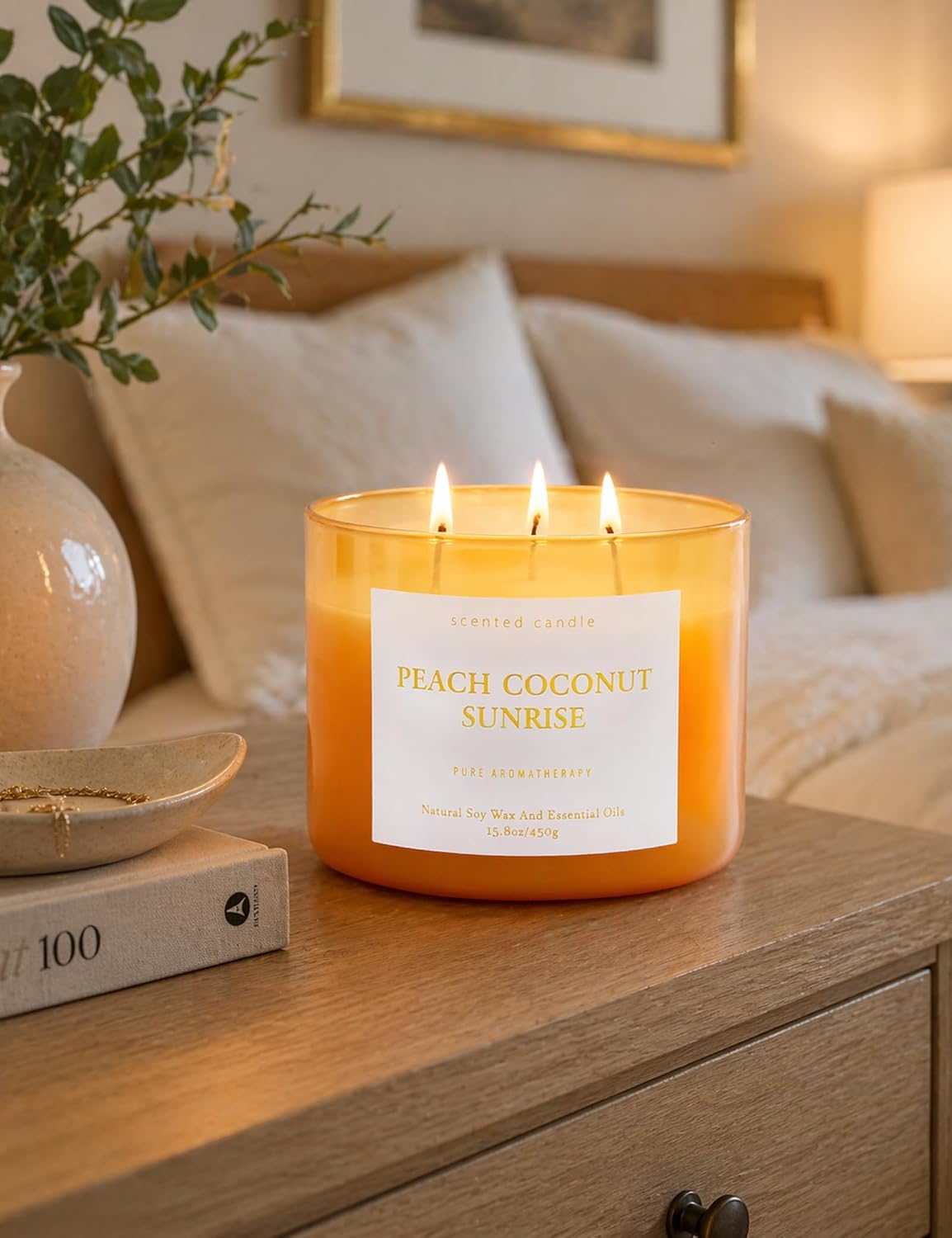 Peach Coconut Sunrise Large 3-Wick Soy Scented Candle for Home, 15.8 oz
