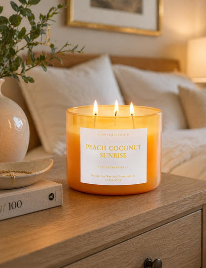 Peach Coconut Sunrise Large 3-Wick Soy Scented Candle for Home, 15.8 oz