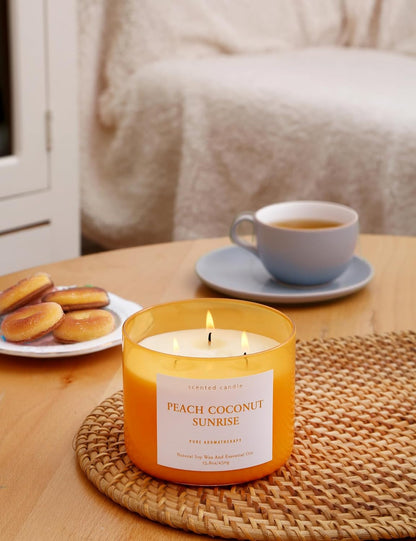 Peach Coconut Sunrise Large 3-Wick Soy Scented Candle for Home, 15.8 oz
