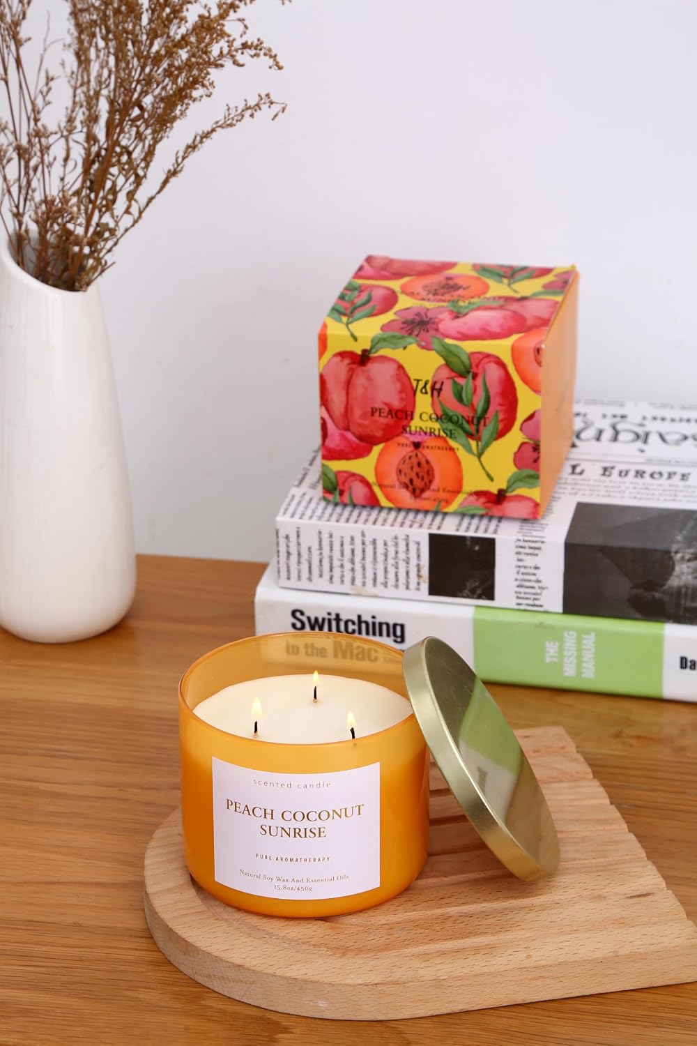 Peach Coconut Sunrise Large 3-Wick Soy Scented Candle for Home, 15.8 oz