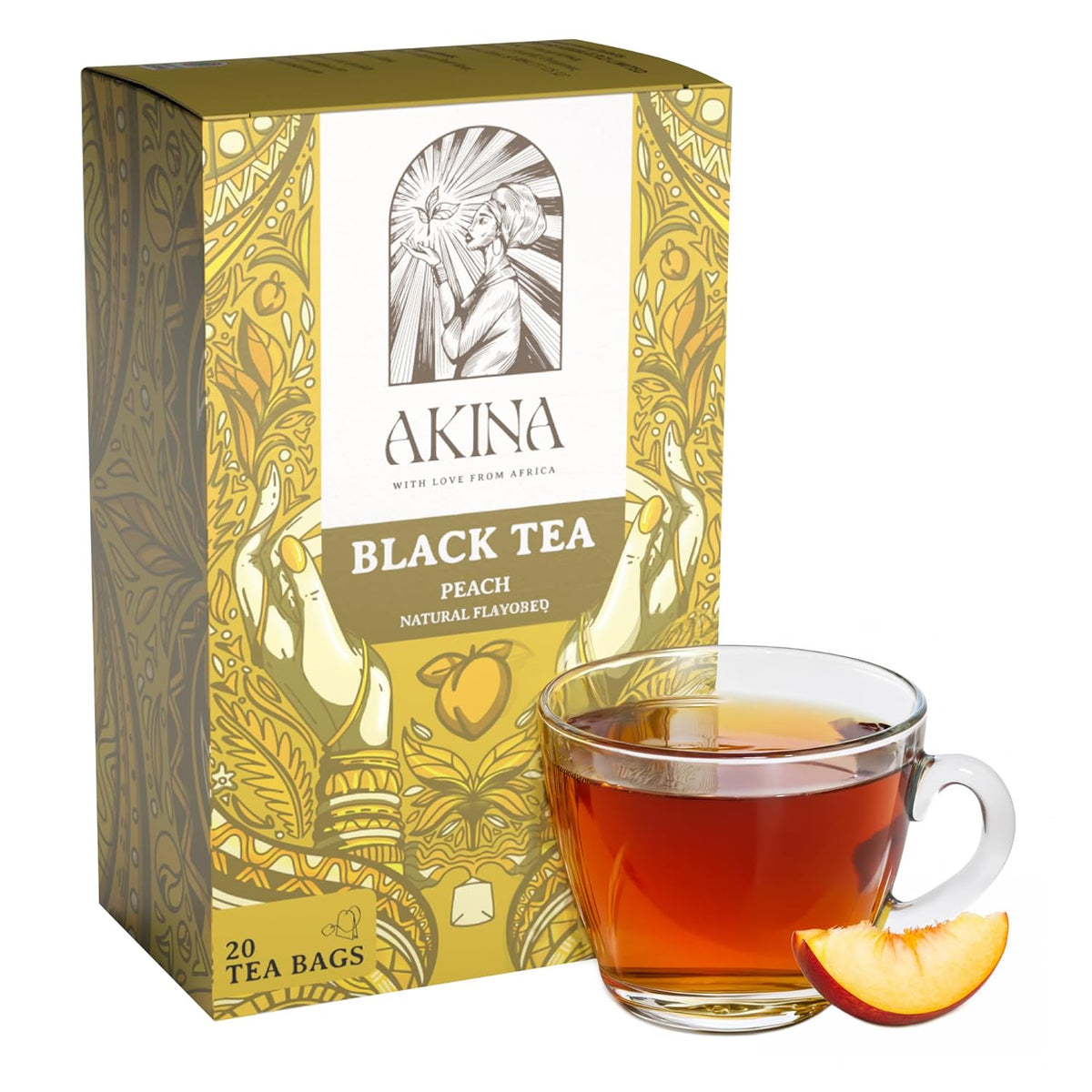 Peach Flavored Black Tea Bags, Individually Wrapped, Fruity Envelope Kenyan Peach Tea Bags, Sweet with Uplifting Aroma (Box of 20) (40g)