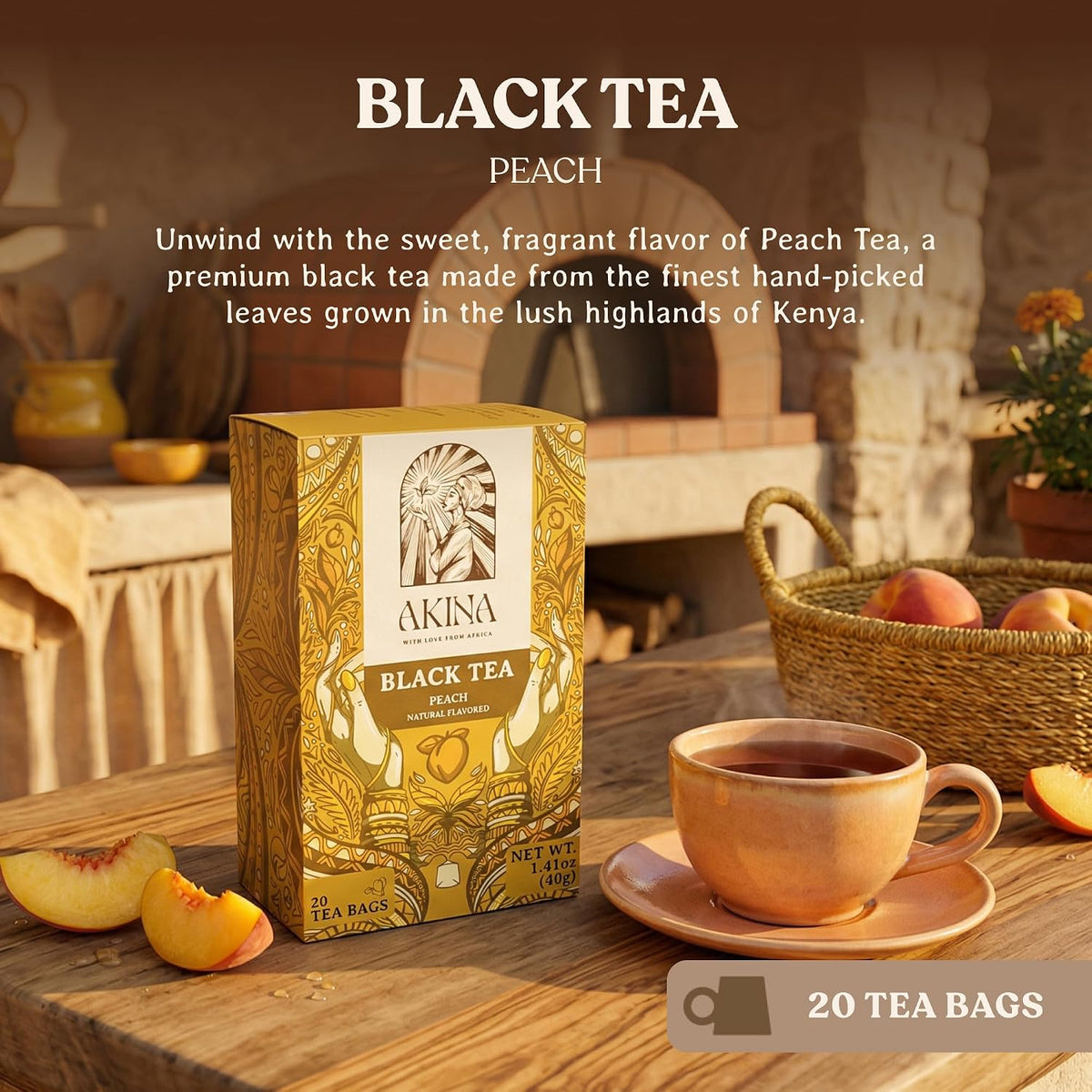 Peach Flavored Black Tea Bags, Individually Wrapped, Fruity Envelope Kenyan Peach Tea Bags, Sweet with Uplifting Aroma (Box of 20) (40g)
