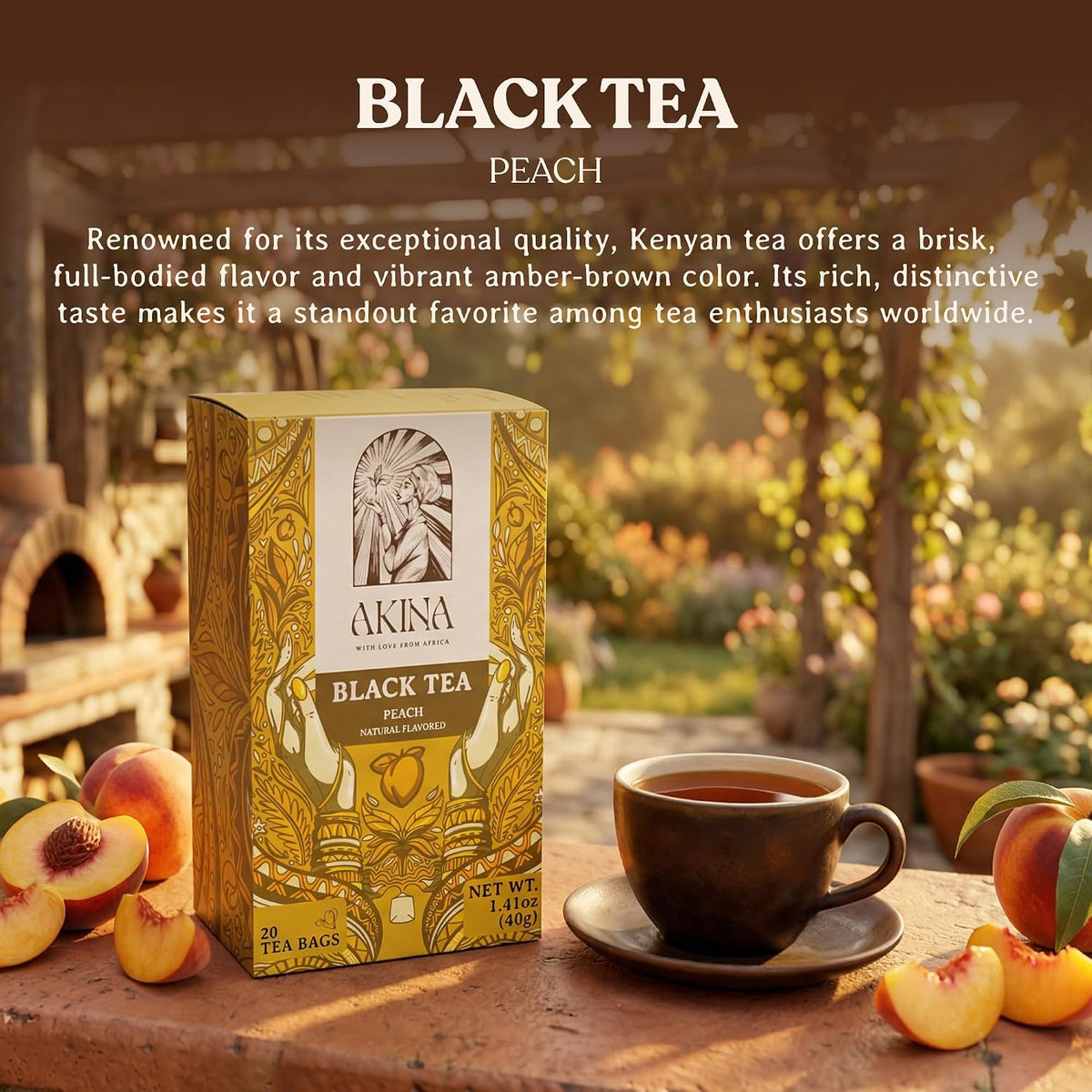 Peach Flavored Black Tea Bags, Individually Wrapped, Fruity Envelope Kenyan Peach Tea Bags, Sweet with Uplifting Aroma (Box of 20) (40g)