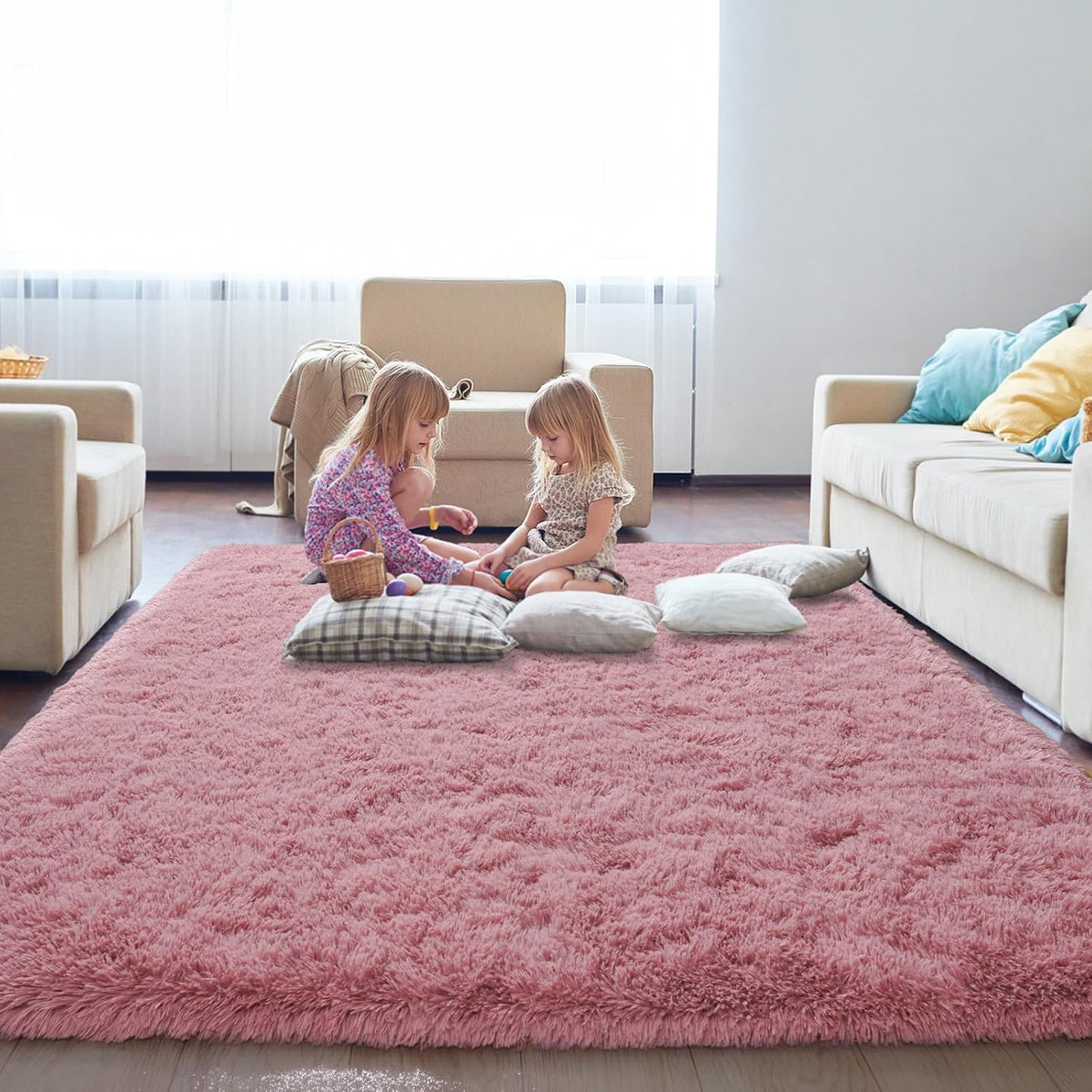 KING DARE 9x12 Large Area Rugs for Living Room, Blush Fluffy Shag Rug for Bedroom and Nursery, Non-Slip Big Fuzzy Carpet for Kids, Girls, Boys Room Dorm Home Decor Aesthetic