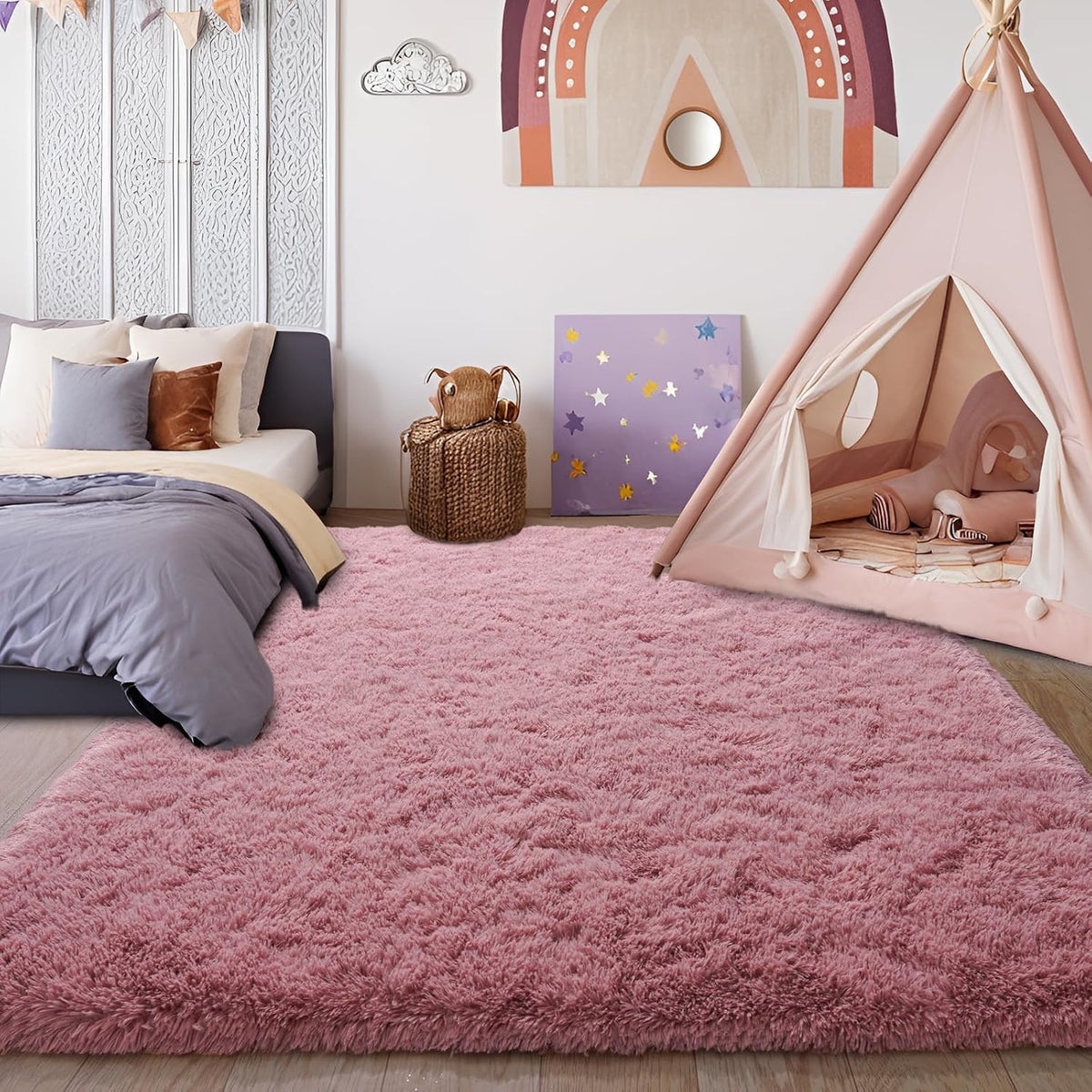 KING DARE 9x12 Large Area Rugs for Living Room, Blush Fluffy Shag Rug for Bedroom and Nursery, Non-Slip Big Fuzzy Carpet for Kids, Girls, Boys Room Dorm Home Decor Aesthetic