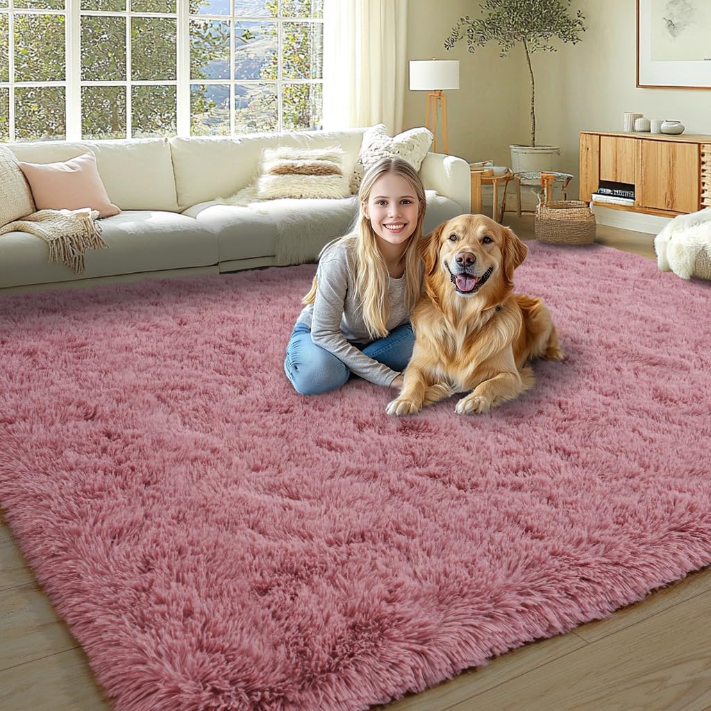 KING DARE 9x12 Large Area Rugs for Living Room, Blush Fluffy Shag Rug for Bedroom and Nursery, Non-Slip Big Fuzzy Carpet for Kids, Girls, Boys Room Dorm Home Decor Aesthetic