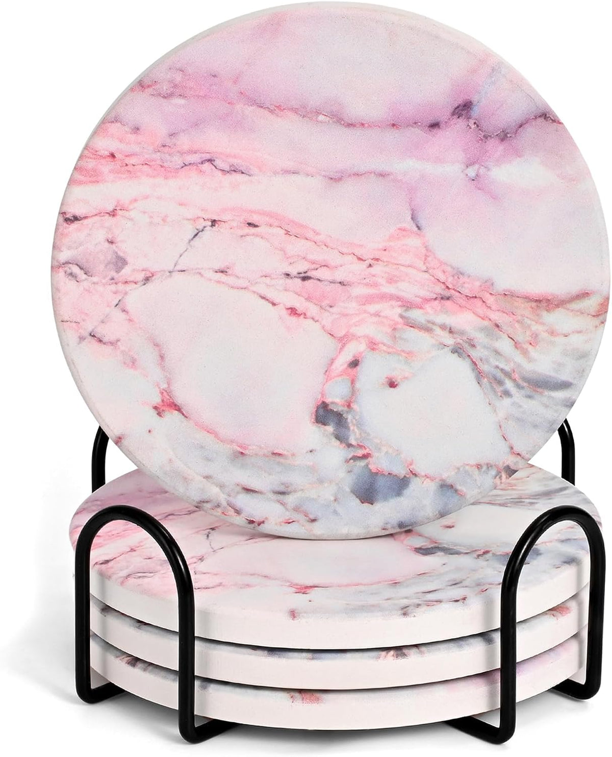 Cute Pink Marble Coasters Set of 4, 4 Inch Office Aesthetic Absorbent Drink Coasters for Women