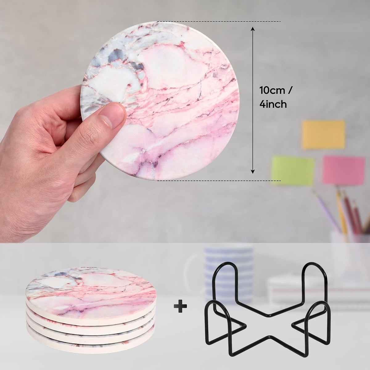 Cute Pink Marble Coasters Set of 4, 4 Inch Office Aesthetic Absorbent Drink Coasters for Women