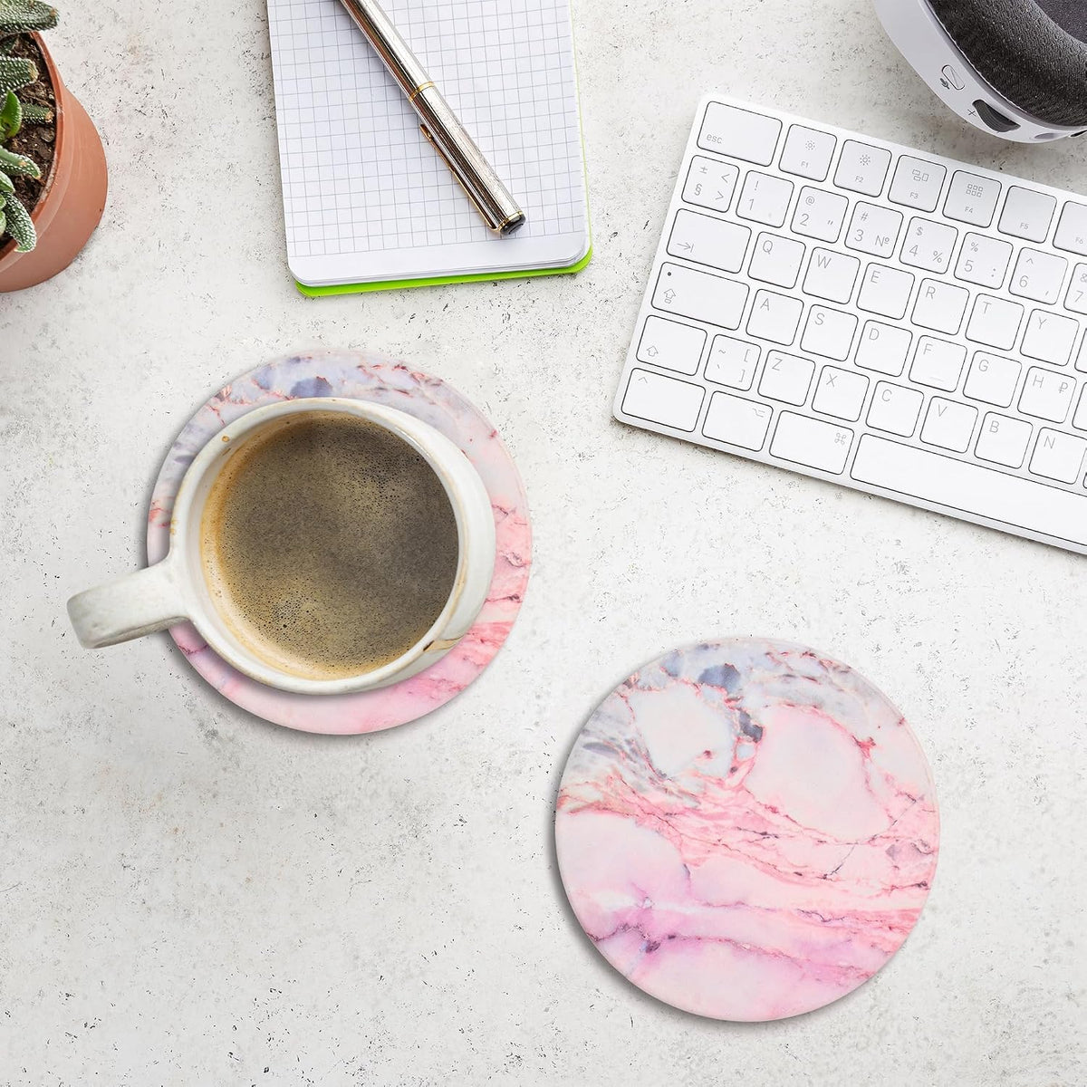 Cute Pink Marble Coasters Set of 4, 4 Inch Office Aesthetic Absorbent Drink Coasters for Women