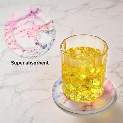 Cute Pink Marble Coasters Set of 4, 4 Inch Office Aesthetic Absorbent Drink Coasters for Women