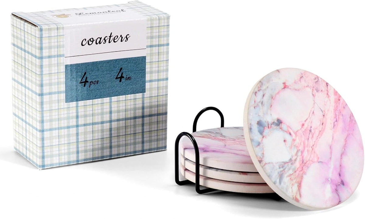 Cute Pink Marble Coasters Set of 4, 4 Inch Office Aesthetic Absorbent Drink Coasters for Women