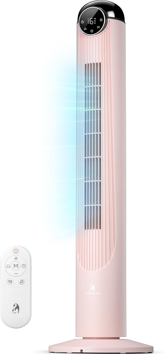 T42 Tower Fan, 42 Inch DC Brushless Motor Bladeless Oscillating Fan with Remote, 6 Speeds & 4 Modes,LED Display, 9H Timer, Quiet Floor Standing Fan for Bedroom Living Room Office, Pink