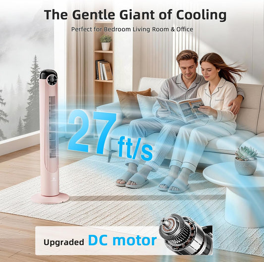 T42 Tower Fan, 42 Inch DC Brushless Motor Bladeless Oscillating Fan with Remote, 6 Speeds & 4 Modes,LED Display, 9H Timer, Quiet Floor Standing Fan for Bedroom Living Room Office, Pink
