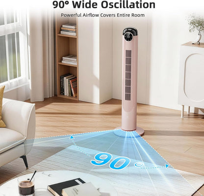 T42 Tower Fan, 42 Inch DC Brushless Motor Bladeless Oscillating Fan with Remote, 6 Speeds & 4 Modes,LED Display, 9H Timer, Quiet Floor Standing Fan for Bedroom Living Room Office, Pink