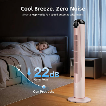 T42 Tower Fan, 42 Inch DC Brushless Motor Bladeless Oscillating Fan with Remote, 6 Speeds & 4 Modes,LED Display, 9H Timer, Quiet Floor Standing Fan for Bedroom Living Room Office, Pink