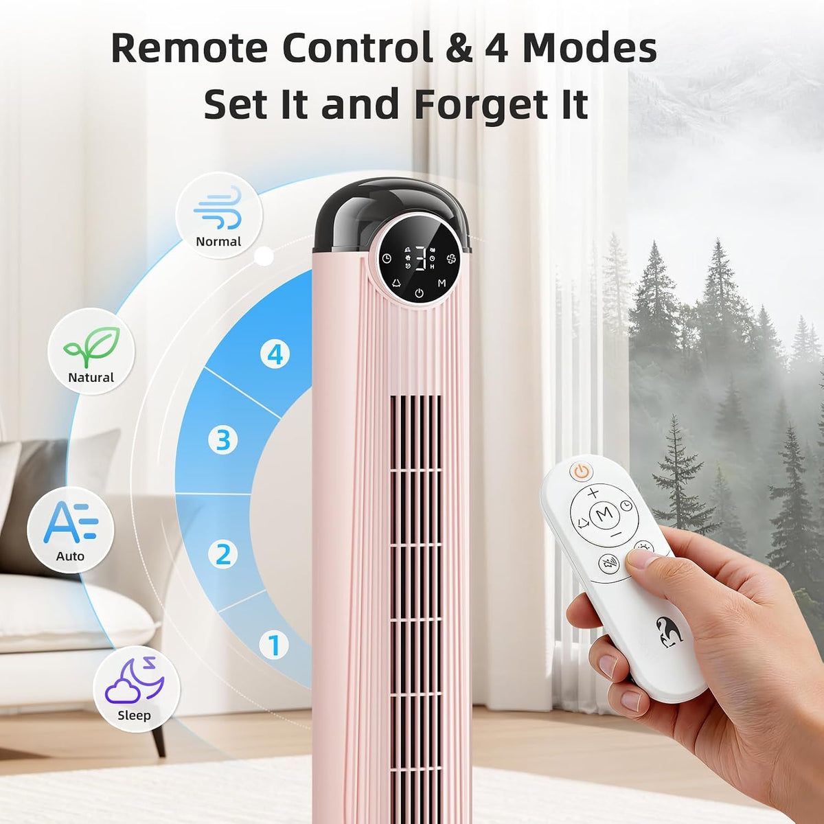 T42 Tower Fan, 42 Inch DC Brushless Motor Bladeless Oscillating Fan with Remote, 6 Speeds & 4 Modes,LED Display, 9H Timer, Quiet Floor Standing Fan for Bedroom Living Room Office, Pink